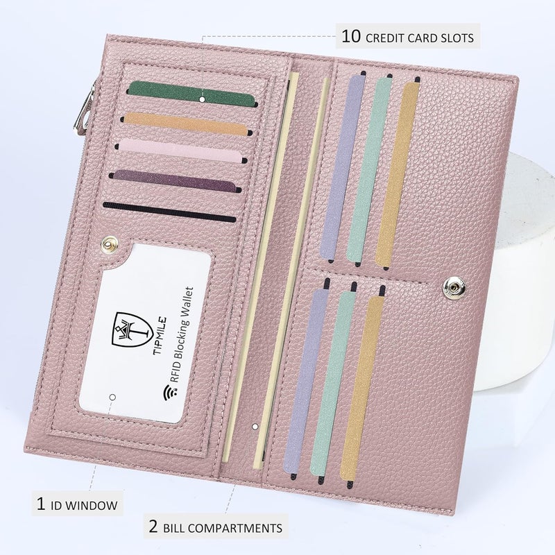Tipmile Slim Wallet for Women, RFID Blocking Credit Card Holder, Ladies Bifold Wallet with Zipper, Dusty Pink - Image 4
